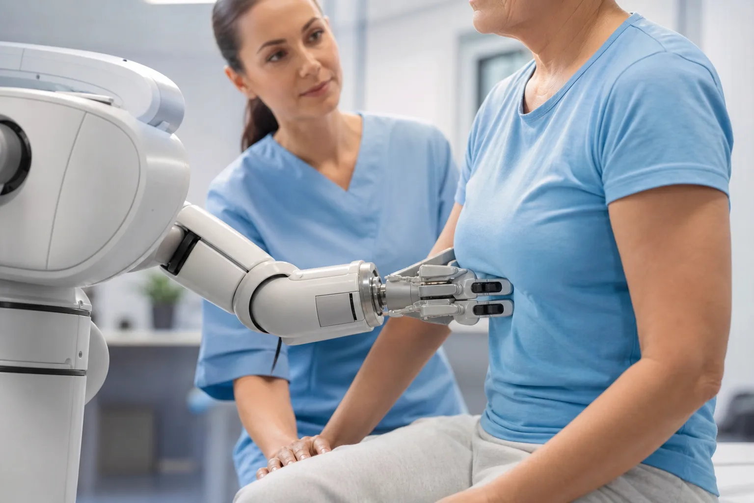 Robotic arm assisting with a tray while a caregiver stays present