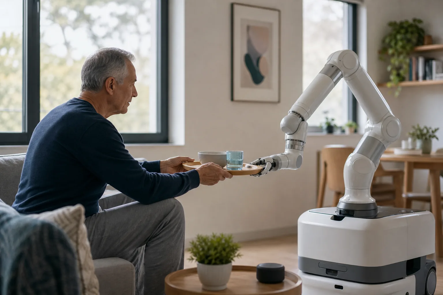 Robot arm carefully handing a cup to a person at home