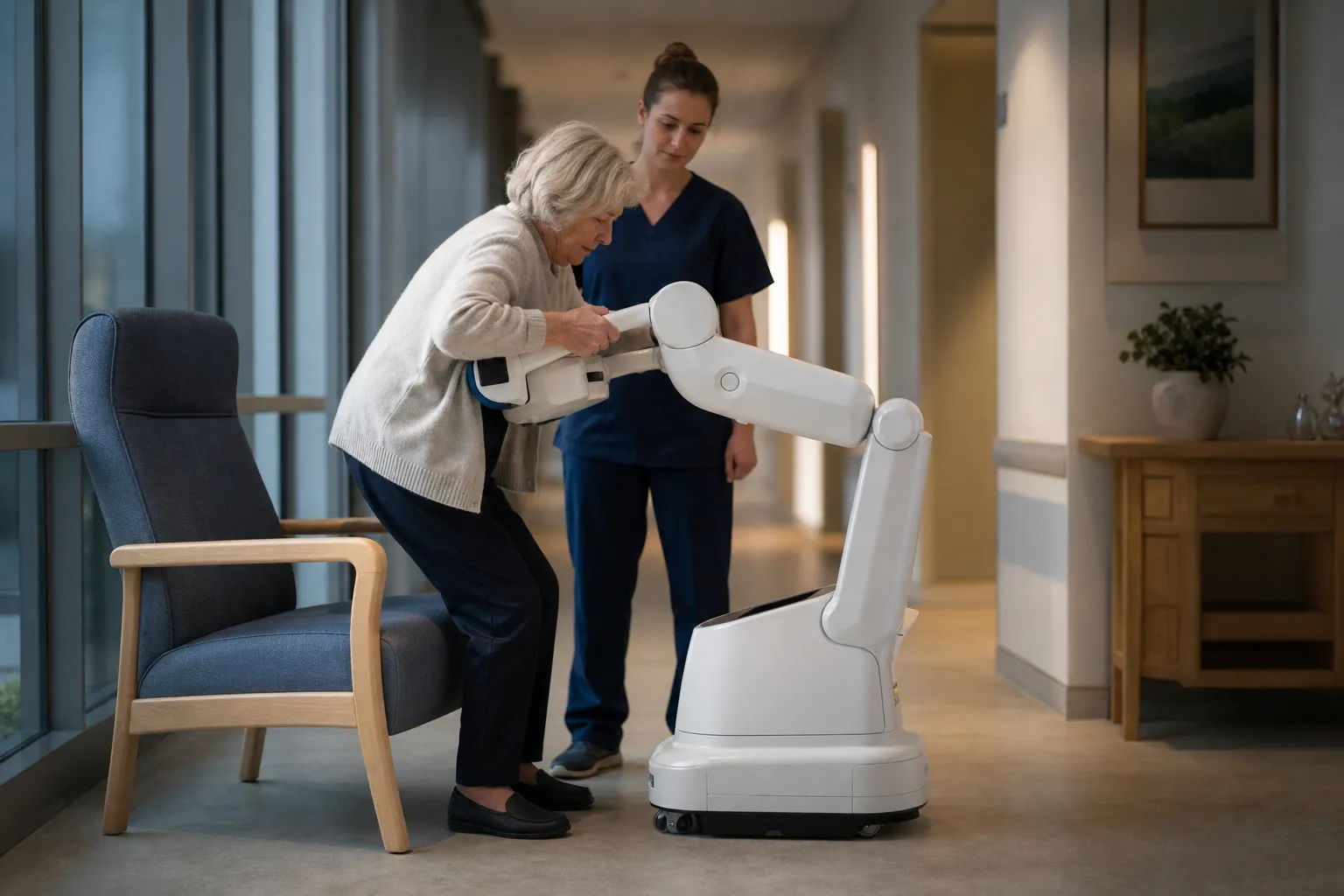 Assistive robot supporting a person standing with a caregiver nearby