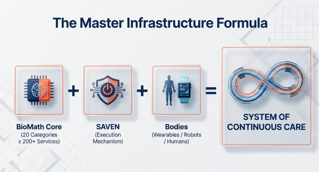 Master-Infrastrukturformel — BioMath Core + SAVEN + Bodies = System of Continuous Care